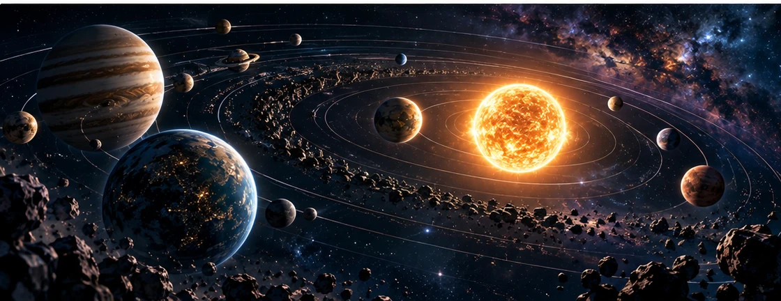 Meridian system with orbiting worlds, asteroid belt, station and star